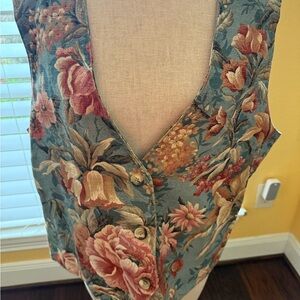 Vintage Willowbend Floral Sleeveless Vest - Blue Background w/Pink & Yellow